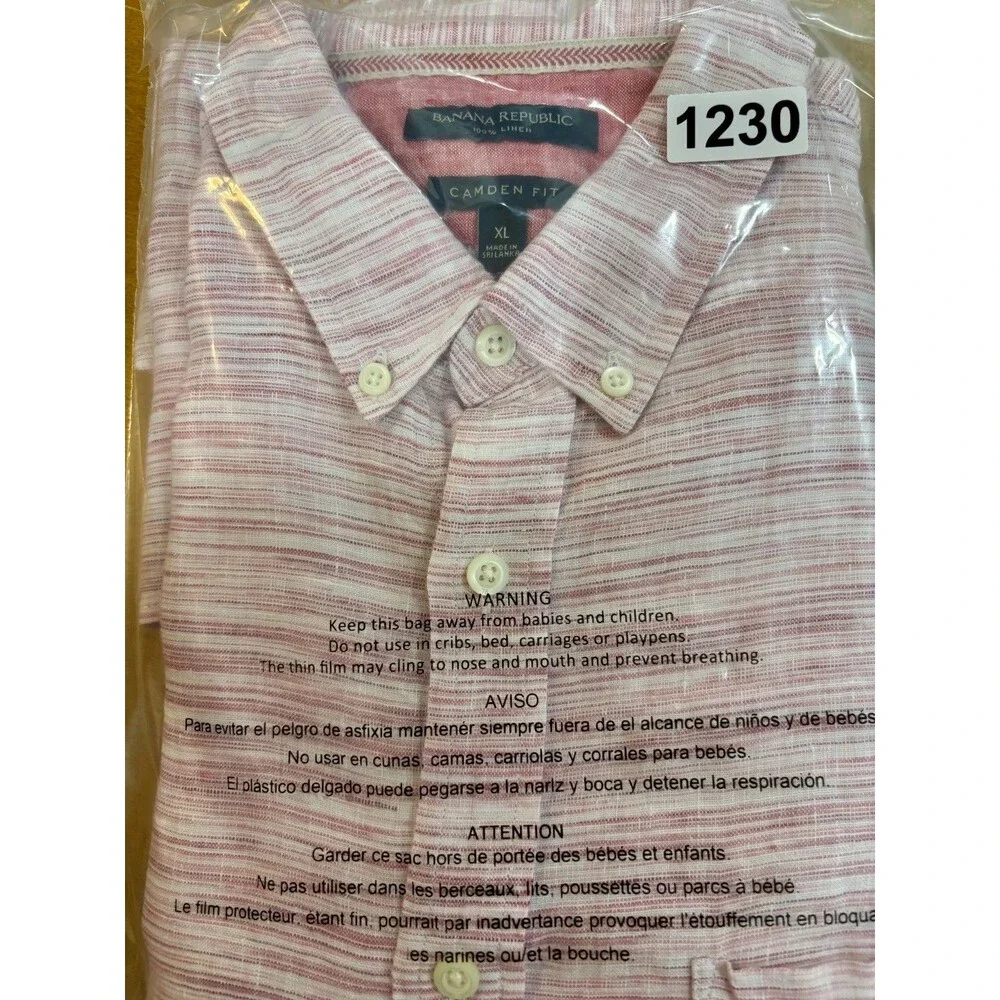 Banana Republic Linen Shirt Button Up Short Sleeve Pink Striped Men Extra Large